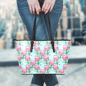 Pink Protea Pattern Print Leather Tote Bag