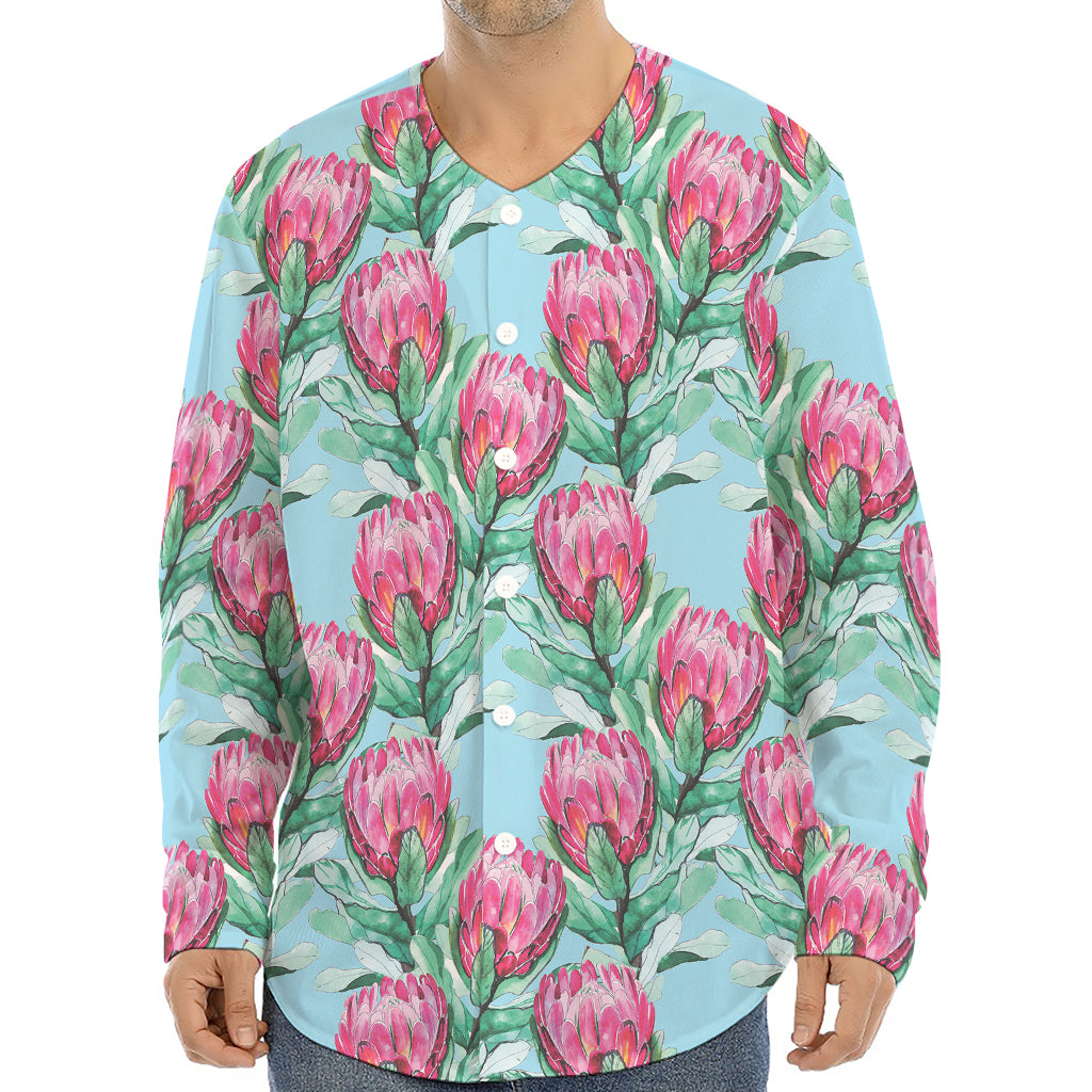 Pink Protea Pattern Print Long Sleeve Baseball Jersey