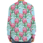 Pink Protea Pattern Print Long Sleeve Baseball Jersey