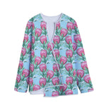 Pink Protea Pattern Print Long Sleeve Short Coat