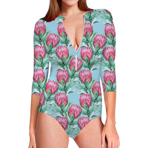 Pink Protea Pattern Print Long Sleeve Swimsuit