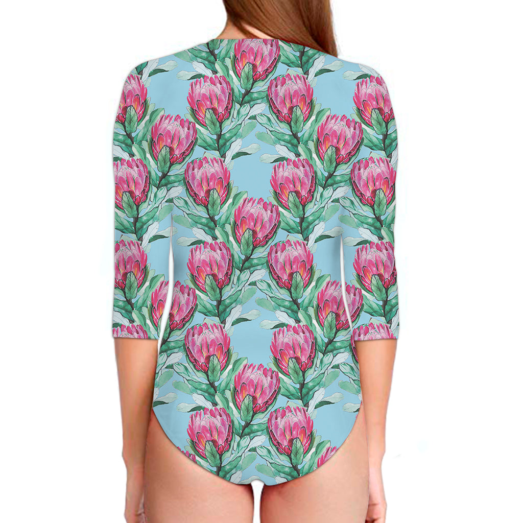 Pink Protea Pattern Print Long Sleeve Swimsuit