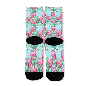 Pink Protea Pattern Print Long Socks