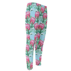 Pink Protea Pattern Print Men's Compression Pants