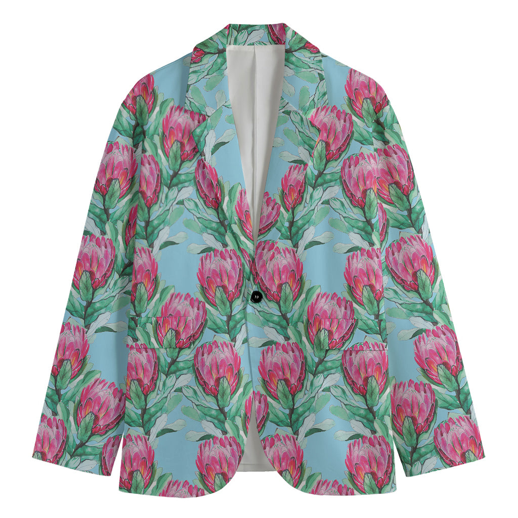 Pink Protea Pattern Print Men's Cotton Blazer