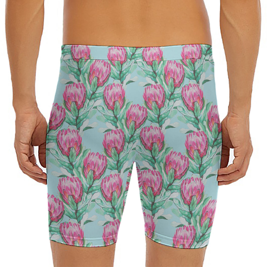 Pink Protea Pattern Print Men's Long Boxer Briefs