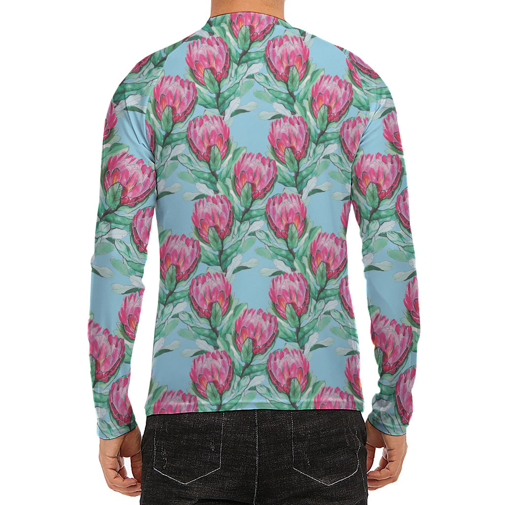 Pink Protea Pattern Print Men's Long Sleeve Rash Guard