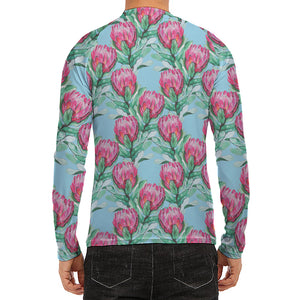 Pink Protea Pattern Print Men's Long Sleeve Rash Guard