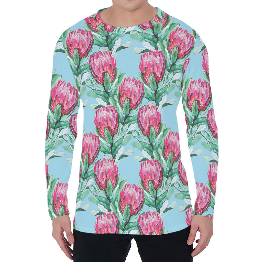 Pink Protea Pattern Print Men's Long Sleeve T-Shirt