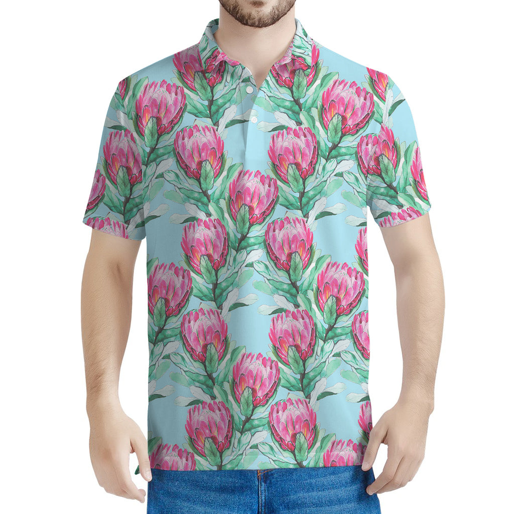 Pink Protea Pattern Print Men's Polo Shirt