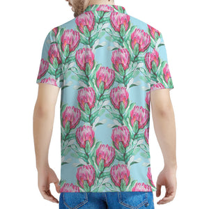 Pink Protea Pattern Print Men's Polo Shirt