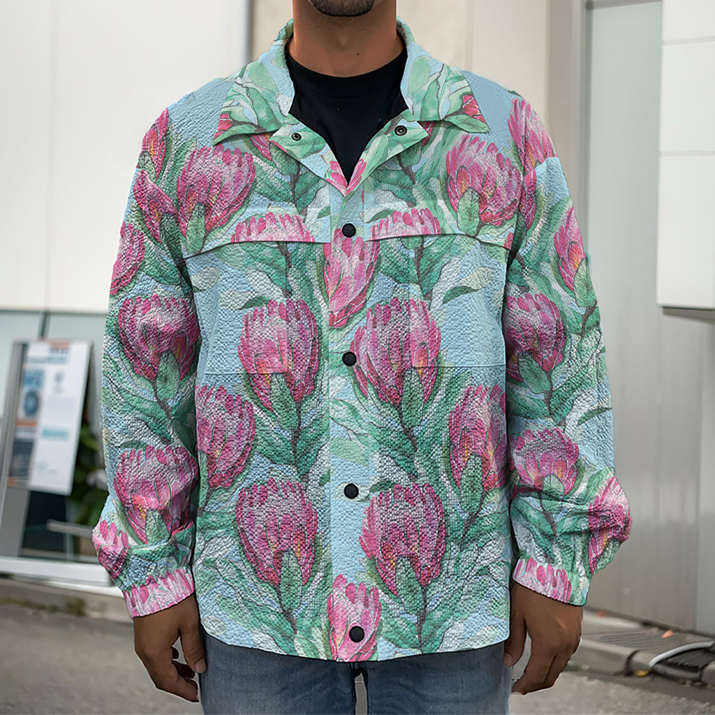 Pink Protea Pattern Print Men's Shirt Jacket