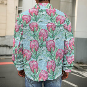 Pink Protea Pattern Print Men's Shirt Jacket