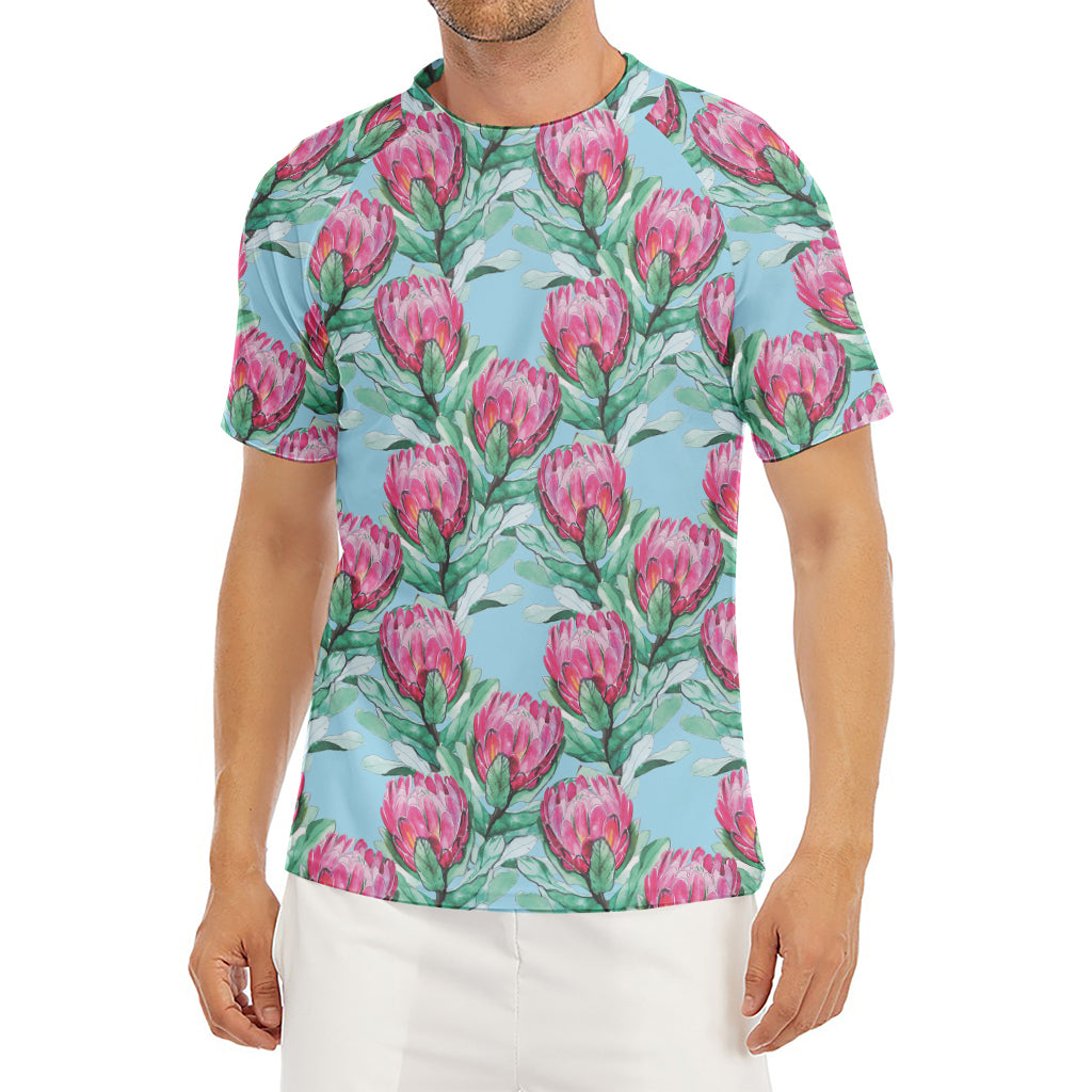 Pink Protea Pattern Print Men's Short Sleeve Rash Guard