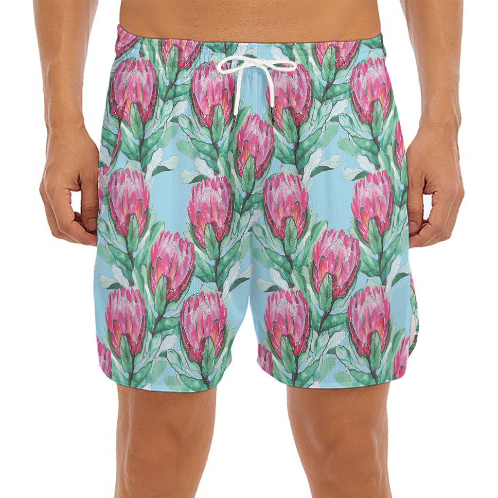 Pink Protea Pattern Print Men's Split Running Shorts