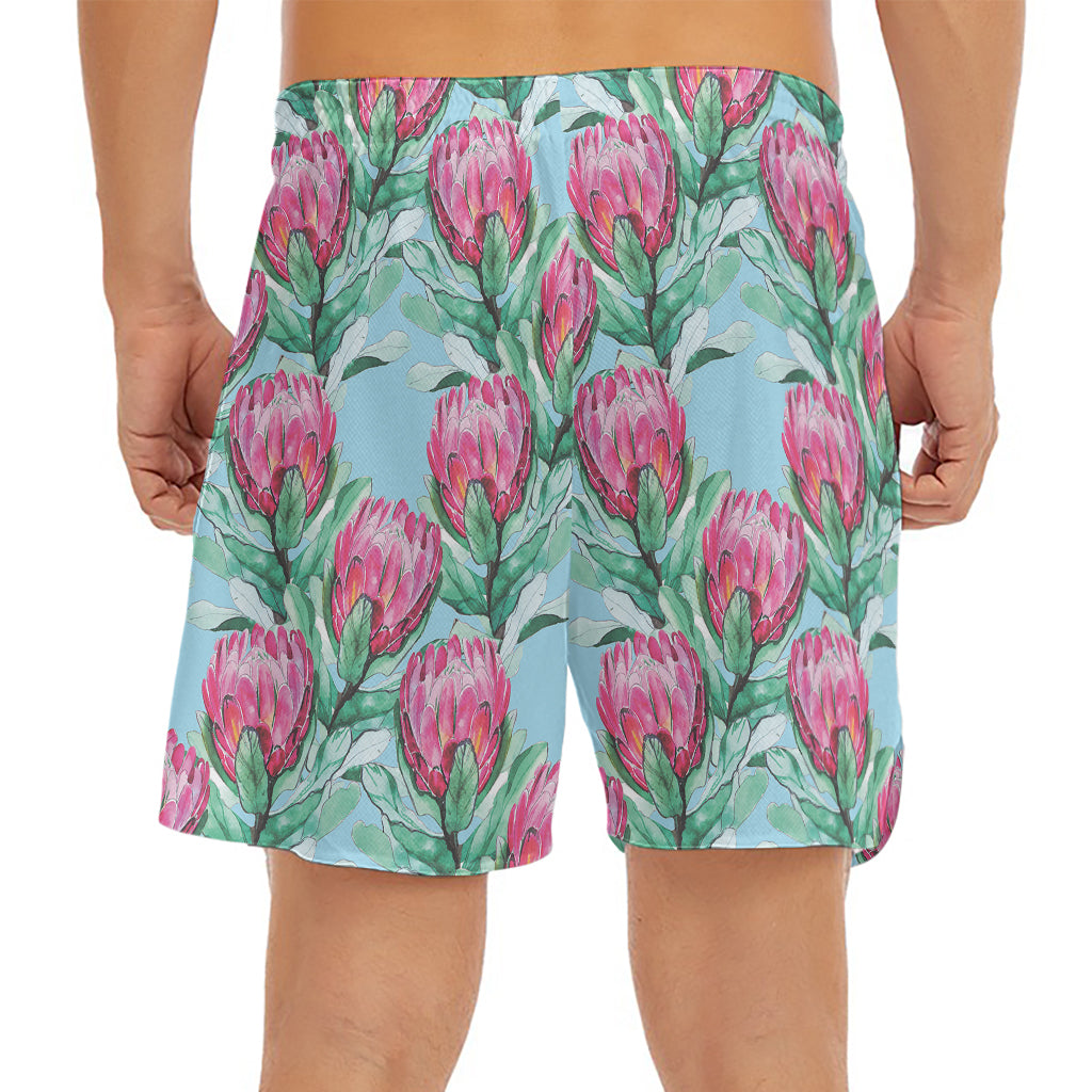 Pink Protea Pattern Print Men's Split Running Shorts