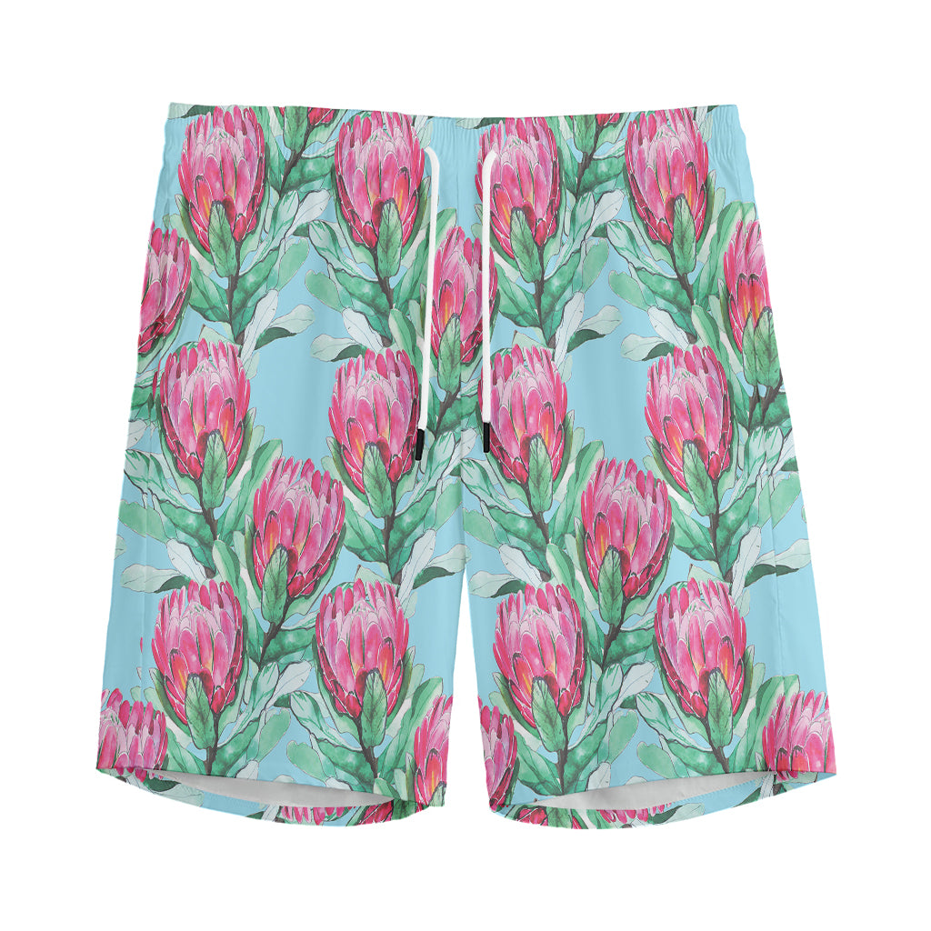 Pink Protea Pattern Print Men's Sports Shorts