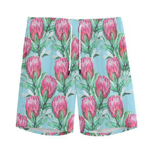 Pink Protea Pattern Print Men's Sports Shorts