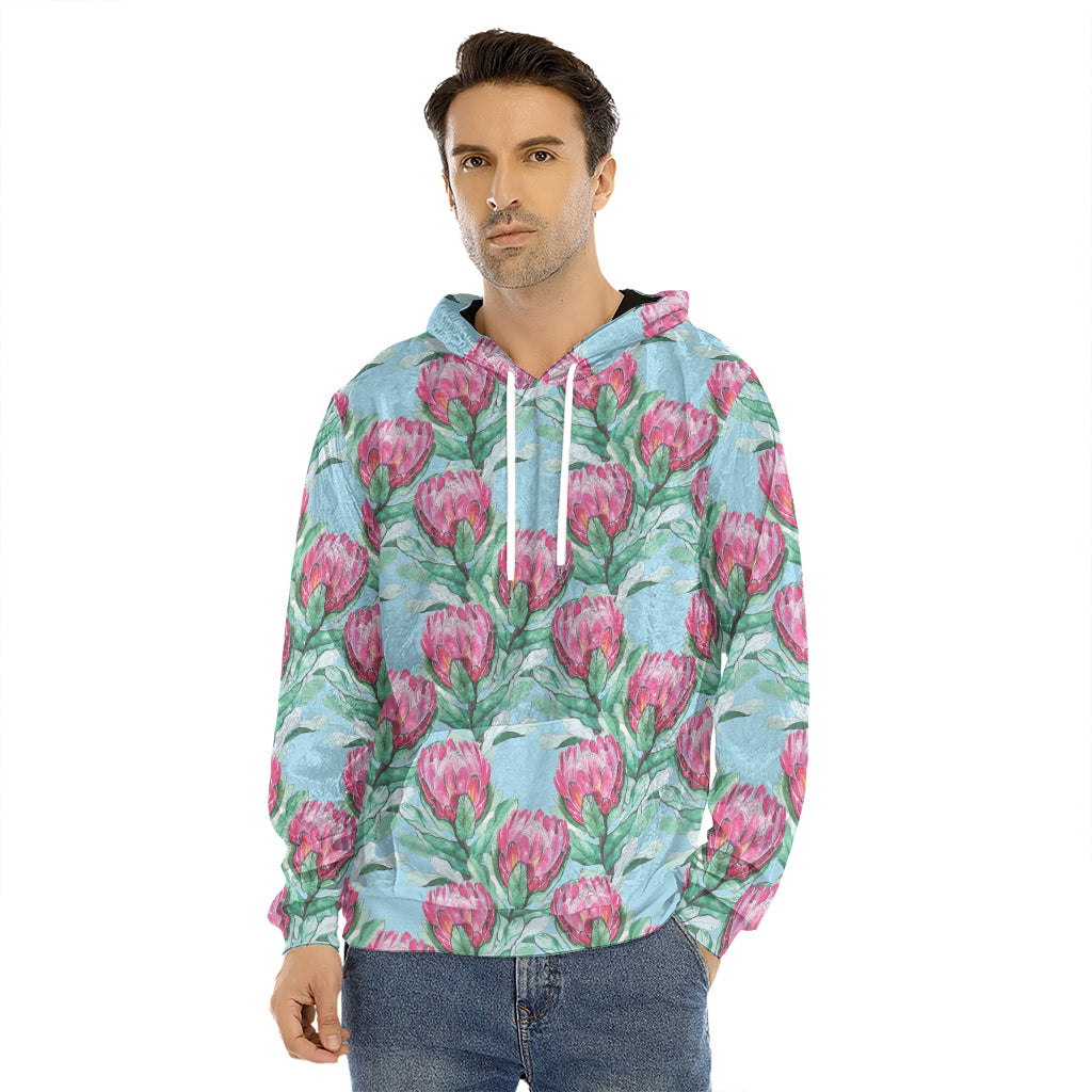 Pink Protea Pattern Print Men's Velvet Pullover Hoodie