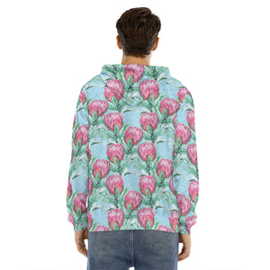 Pink Protea Pattern Print Men's Velvet Pullover Hoodie