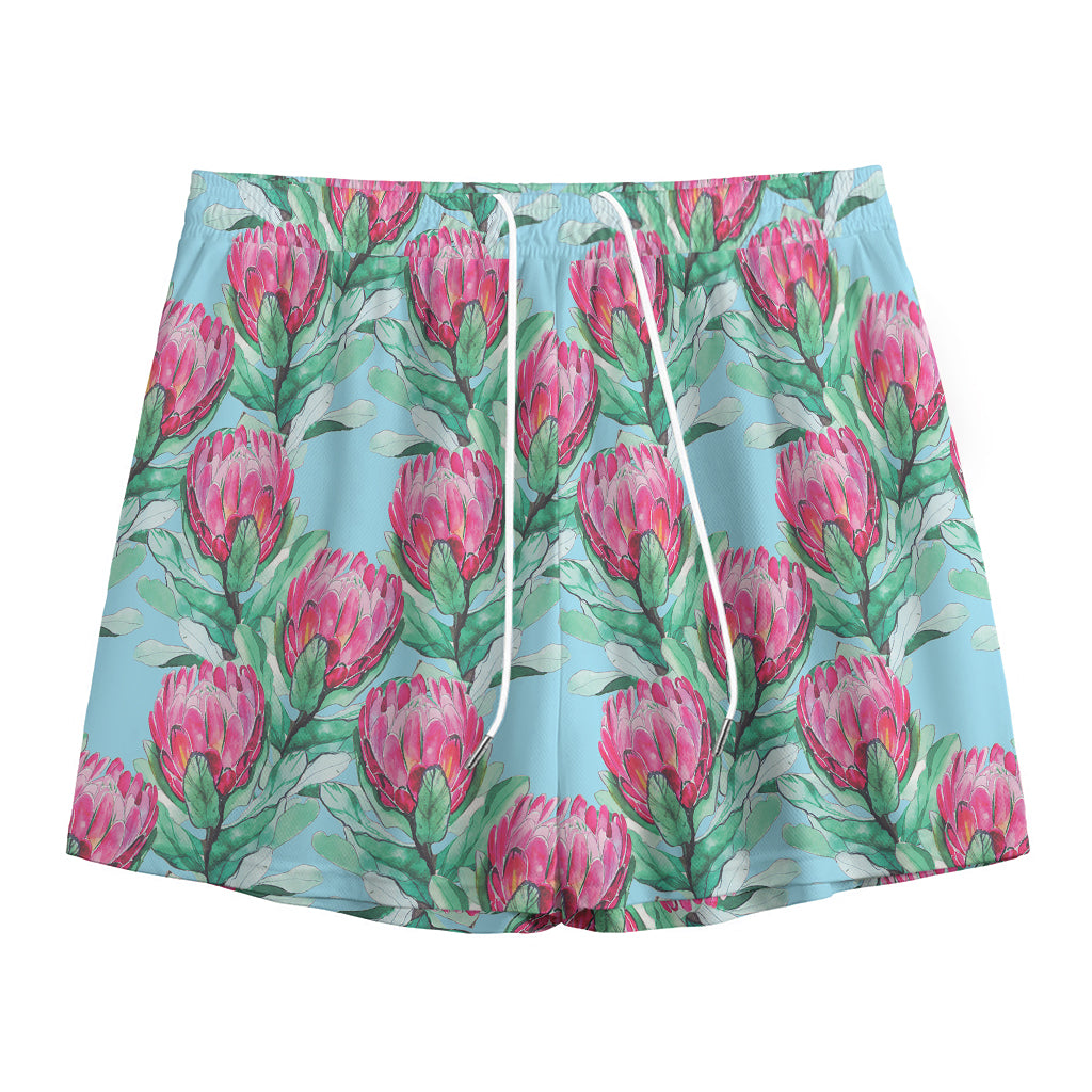 Pink Protea Pattern Print Mesh Shorts