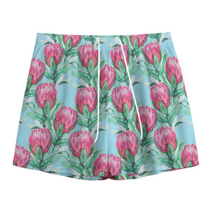 Pink Protea Pattern Print Mesh Shorts