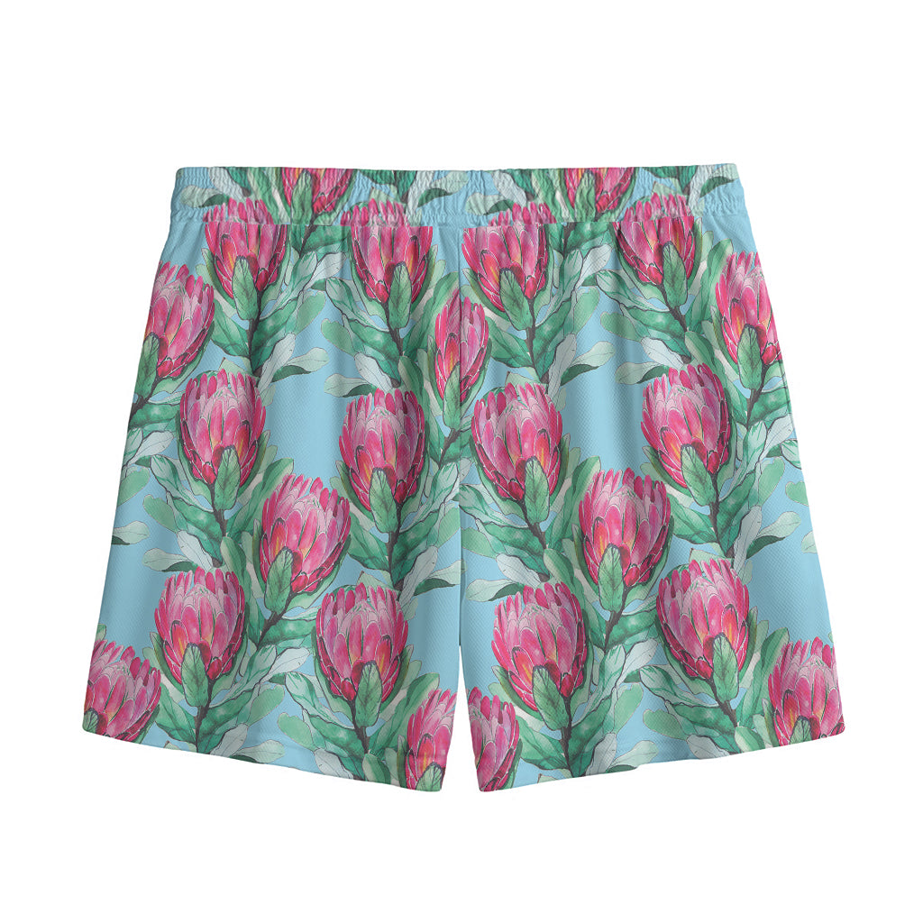 Pink Protea Pattern Print Mesh Shorts