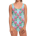 Pink Protea Pattern Print One Piece Swimsuit
