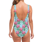 Pink Protea Pattern Print One Piece Swimsuit