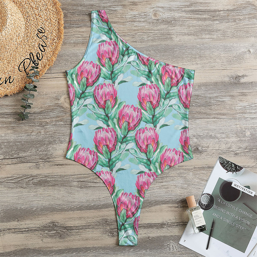 Pink Protea Pattern Print One Shoulder Bodysuit