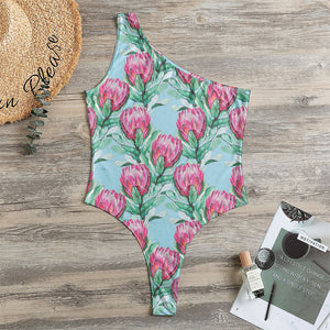 Pink Protea Pattern Print One Shoulder Bodysuit