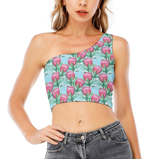 Pink Protea Pattern Print One Shoulder Crop Top