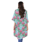 Pink Protea Pattern Print Open Front Beach Cover Up