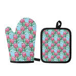 Pink Protea Pattern Print Oven Mitt And Pot Holder Set