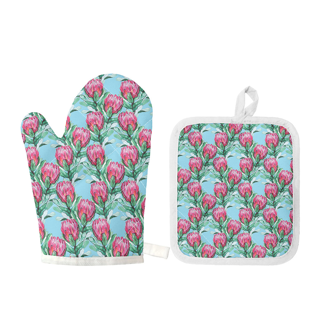Pink Protea Pattern Print Oven Mitt And Pot Holder Set