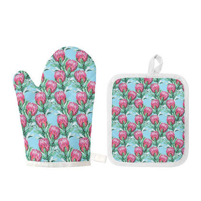Pink Protea Pattern Print Oven Mitt And Pot Holder Set