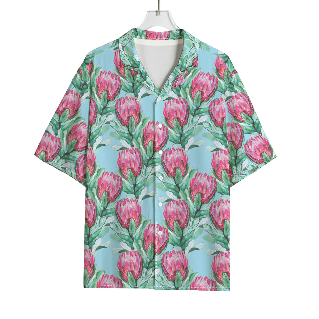 Pink Protea Pattern Print Rayon Hawaiian Shirt