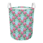 Pink Protea Pattern Print Round Laundry Basket