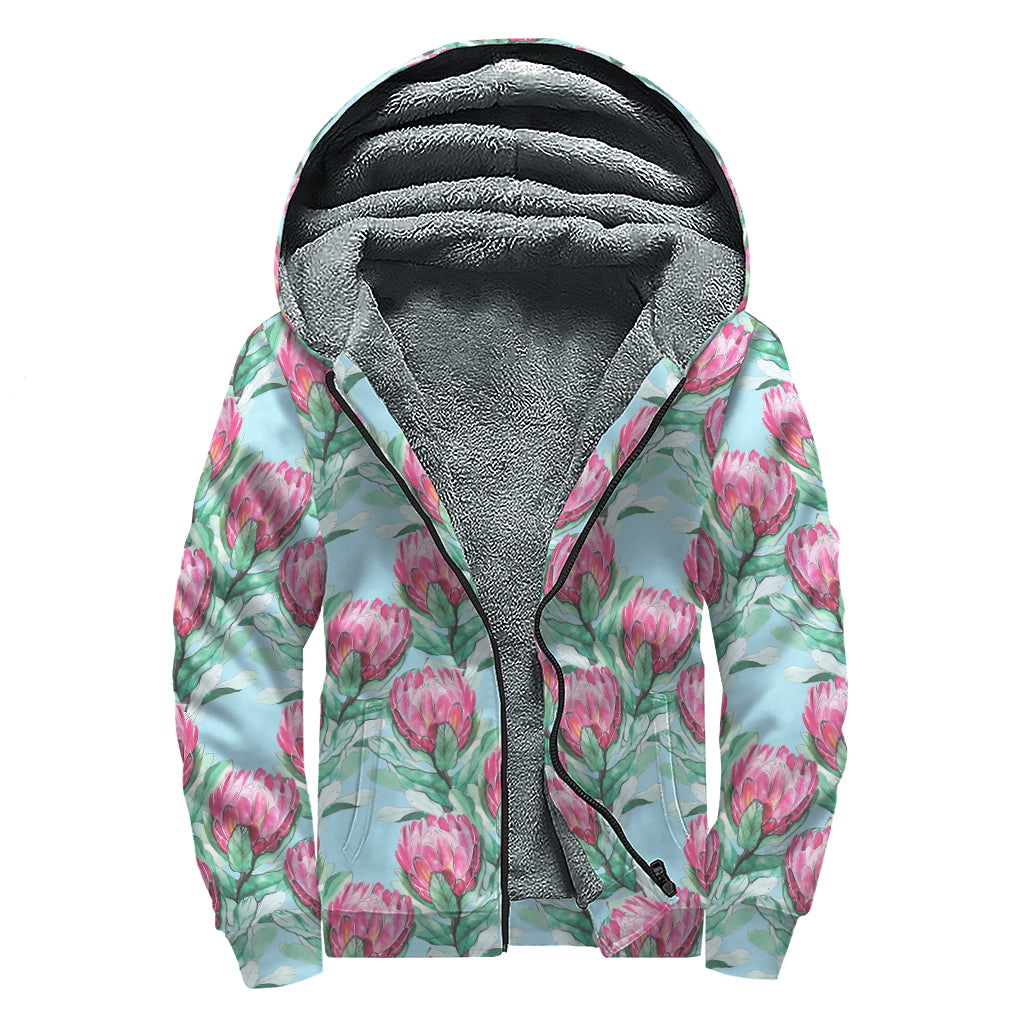 Pink Protea Pattern Print Sherpa Lined Zip Up Hoodie