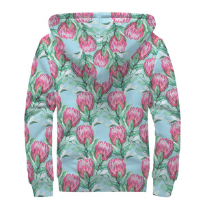 Pink Protea Pattern Print Sherpa Lined Zip Up Hoodie