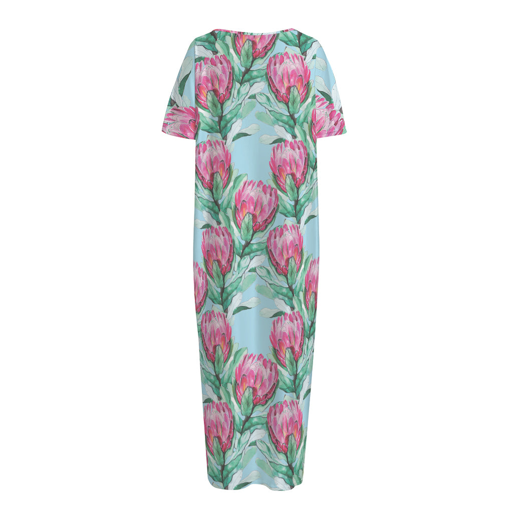 Pink Protea Pattern Print Short Sleeve Long Nightdress