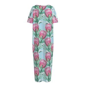 Pink Protea Pattern Print Short Sleeve Long Nightdress