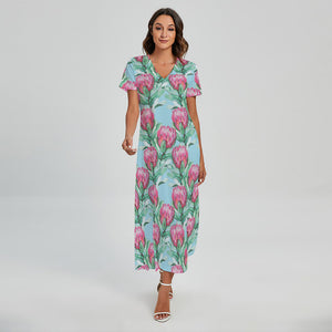 Pink Protea Pattern Print Short Sleeve Maxi Dress