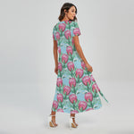 Pink Protea Pattern Print Short Sleeve Maxi Dress