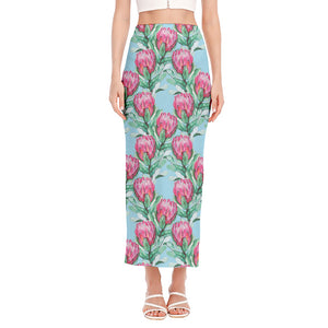 Pink Protea Pattern Print Side Slit Maxi Skirt