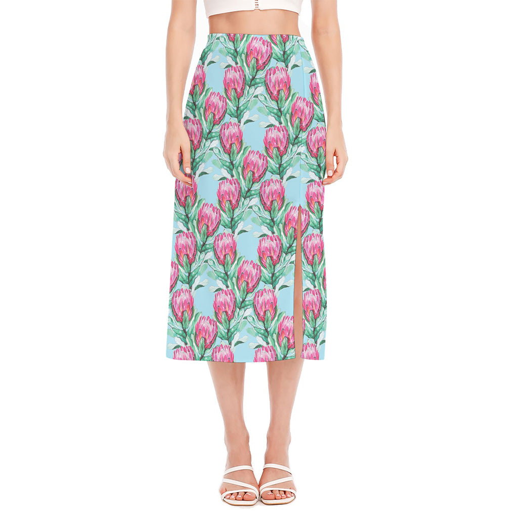 Pink Protea Pattern Print Side Slit Midi Skirt