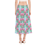 Pink Protea Pattern Print Side Slit Midi Skirt