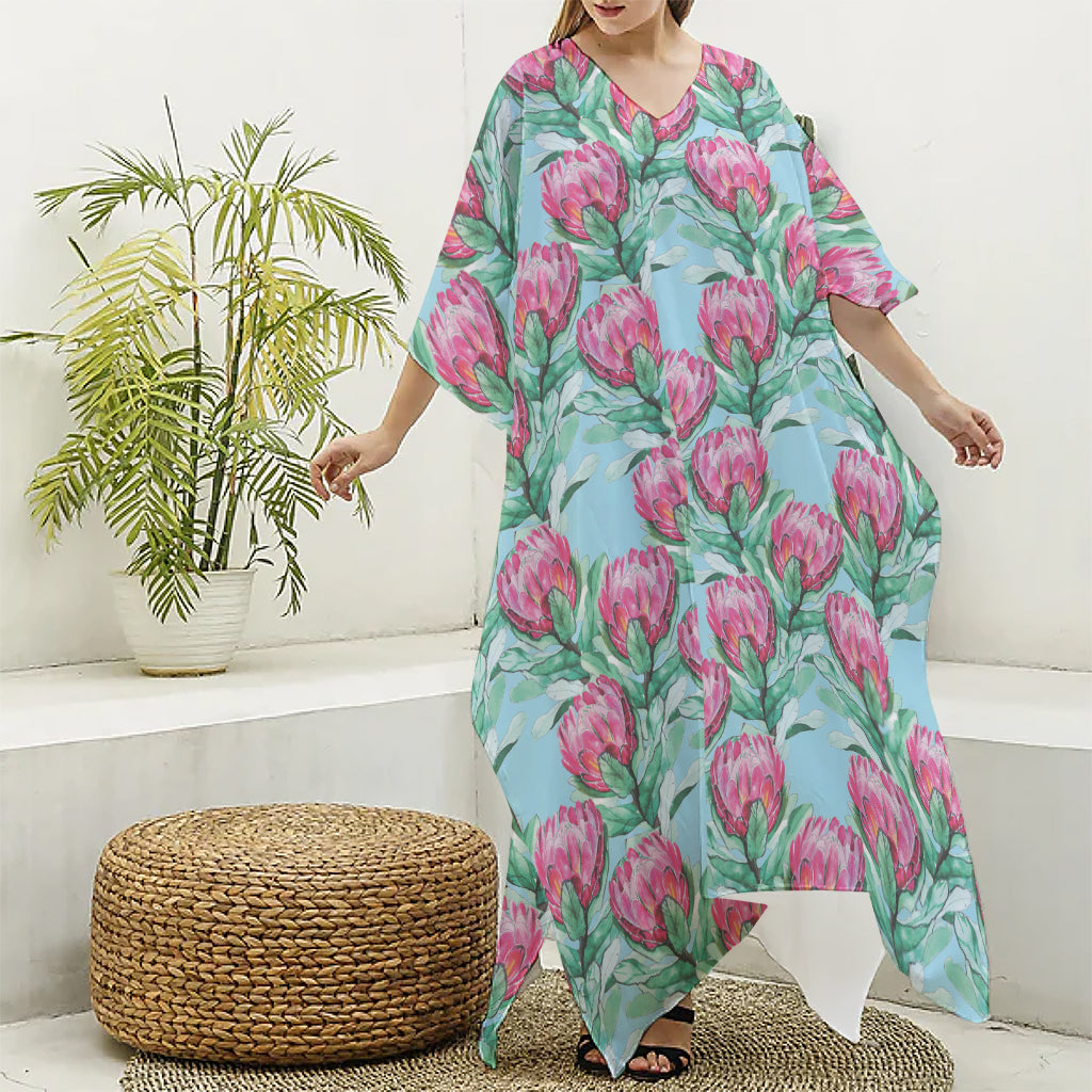 Pink Protea Pattern Print Silk V-Neck Kaftan Dress