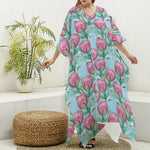 Pink Protea Pattern Print Silk V-Neck Kaftan Dress