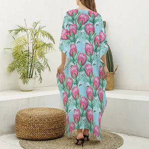 Pink Protea Pattern Print Silk V-Neck Kaftan Dress